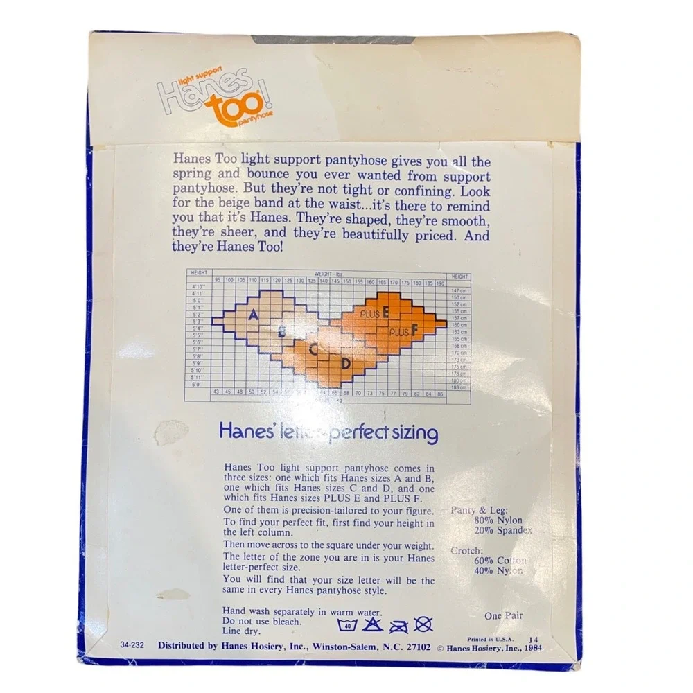 intage 1984 Hanes Too! Light Support Pantyhose NOS USA Size C Original Package